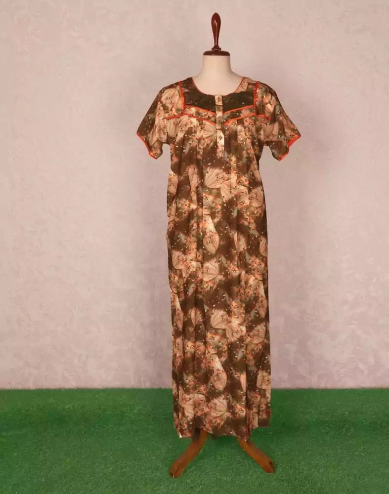 Image of Orange Colour Floral Print Cotton Nighty - South India Shopping Mall