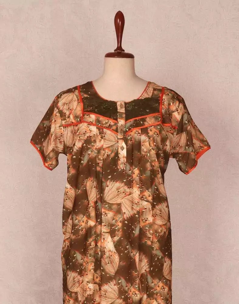 Image of Orange Colour Floral Print Cotton Nighty - South India Shopping Mall