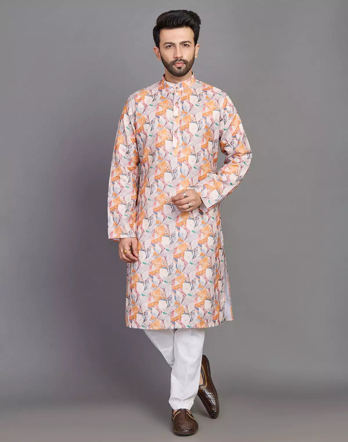 Image of Orange Coloured Graphic Print Stylish Cotton Kurta - South India Shopping Mall