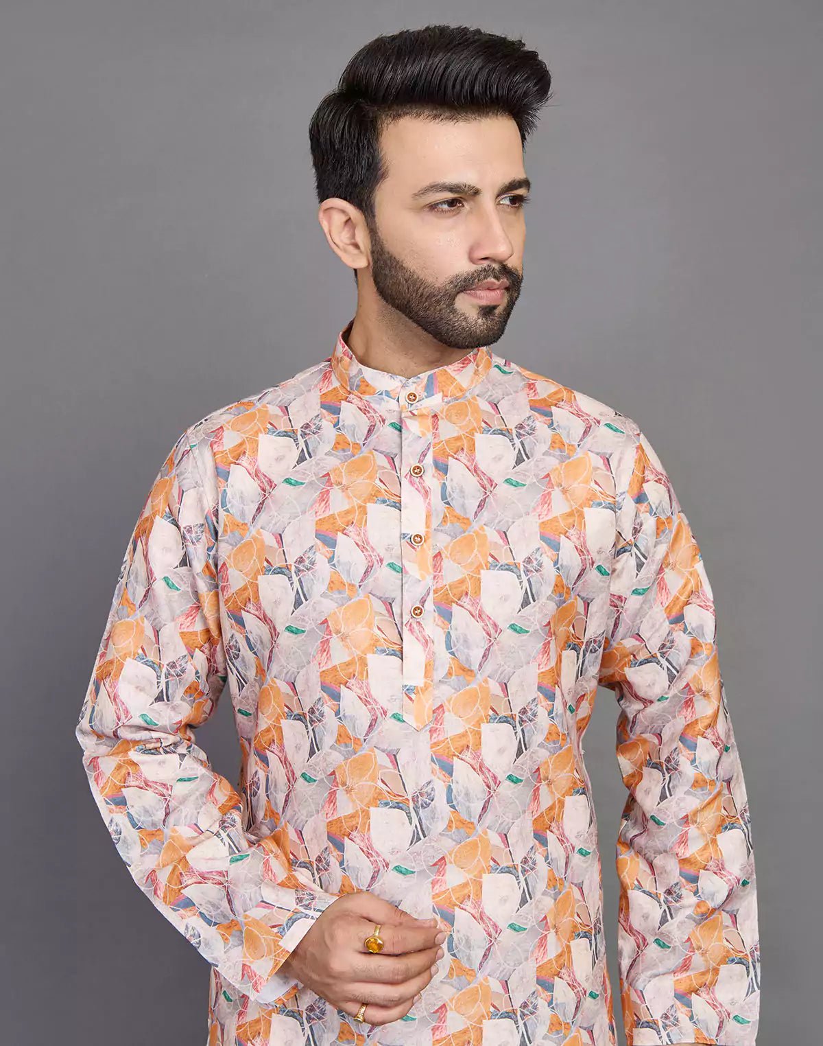 Image of Orange Coloured Graphic Print Stylish Cotton Kurta - South India Shopping Mall