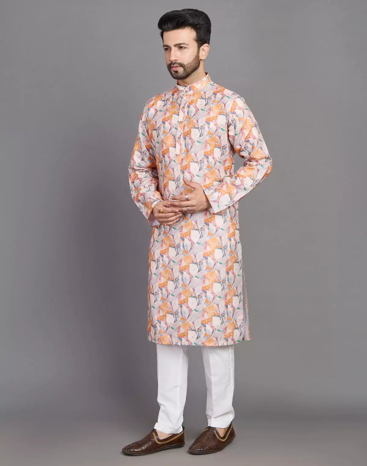 Image of Orange Coloured Graphic Print Stylish Cotton Kurta - South India Shopping Mall