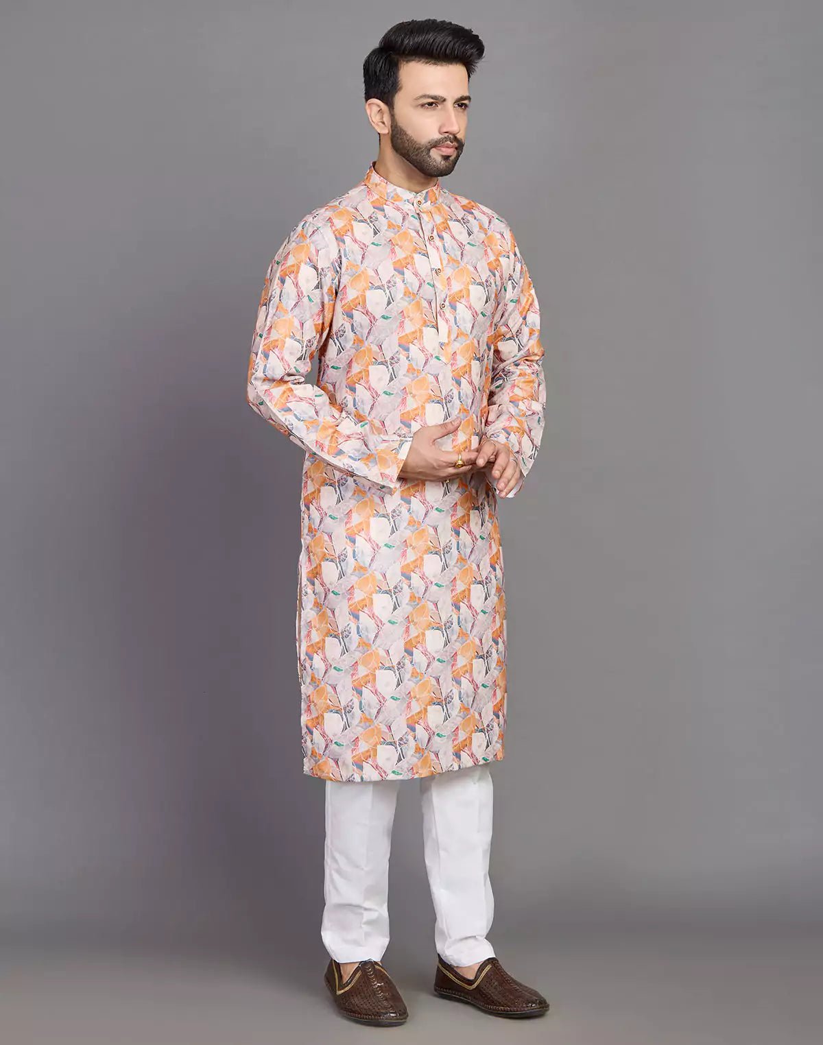 Image of Orange Coloured Graphic Print Stylish Cotton Kurta - South India Shopping Mall