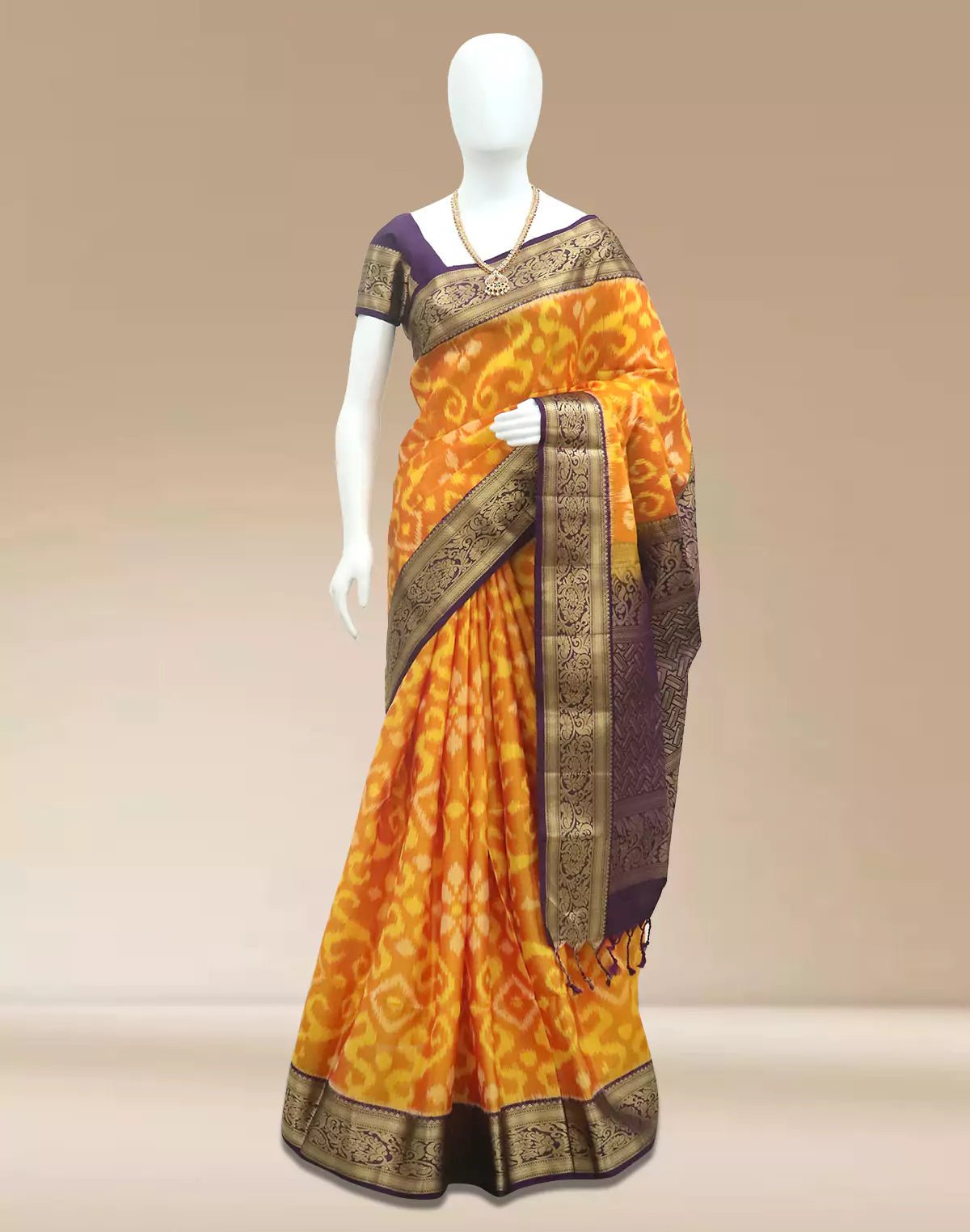 Image of Orange Ikat Coimbatore Pure Silk Contrast Saree - South India Shopping Mall