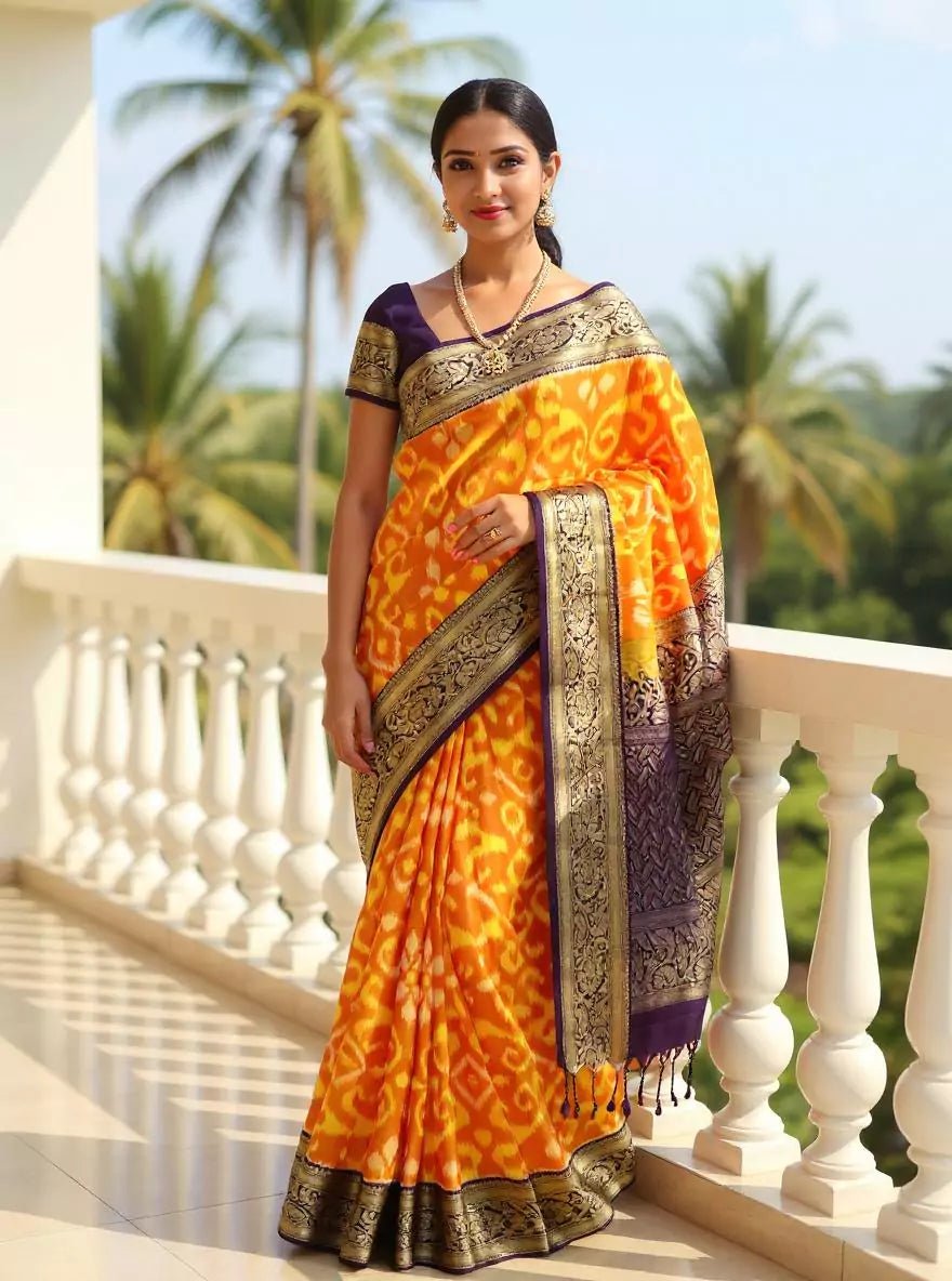 Image of Orange Ikat Coimbatore Pure Silk Contrast Saree - South India Shopping Mall