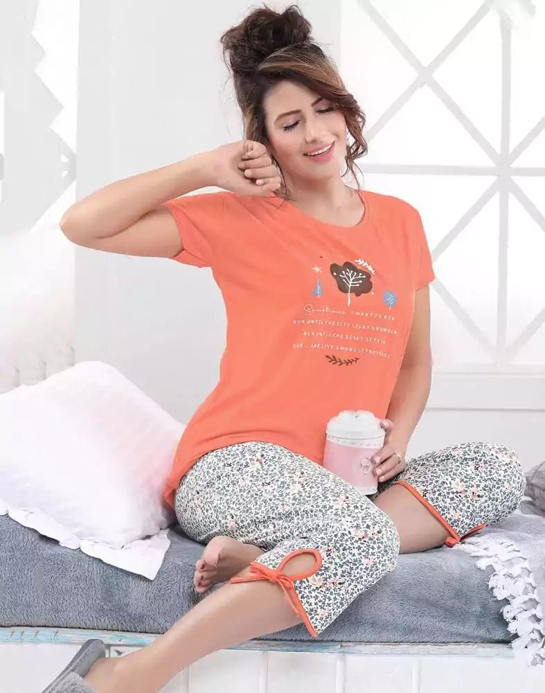Image of Orange Typography Cotton Printed Capri Set - South India Shopping Mall