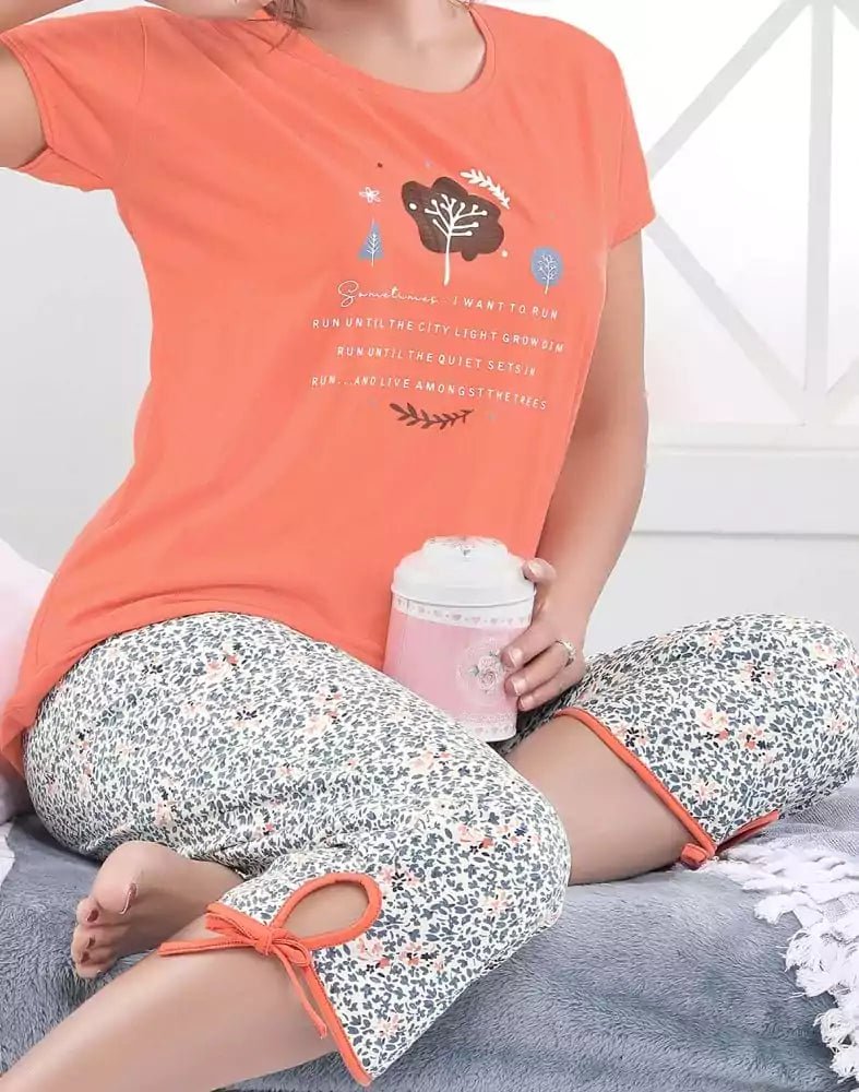Image of Orange Typography Cotton Printed Capri Set - South India Shopping Mall