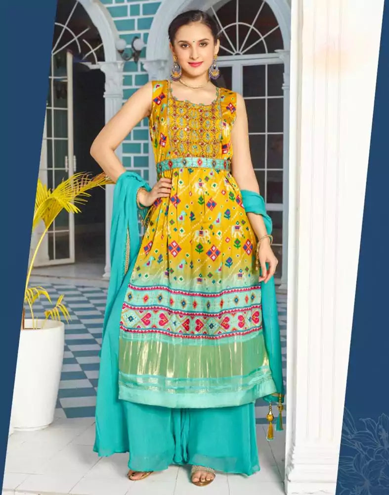 Image of Yellow Coloured Ikat Nyra Cut Satin Mirror work Kurti Set