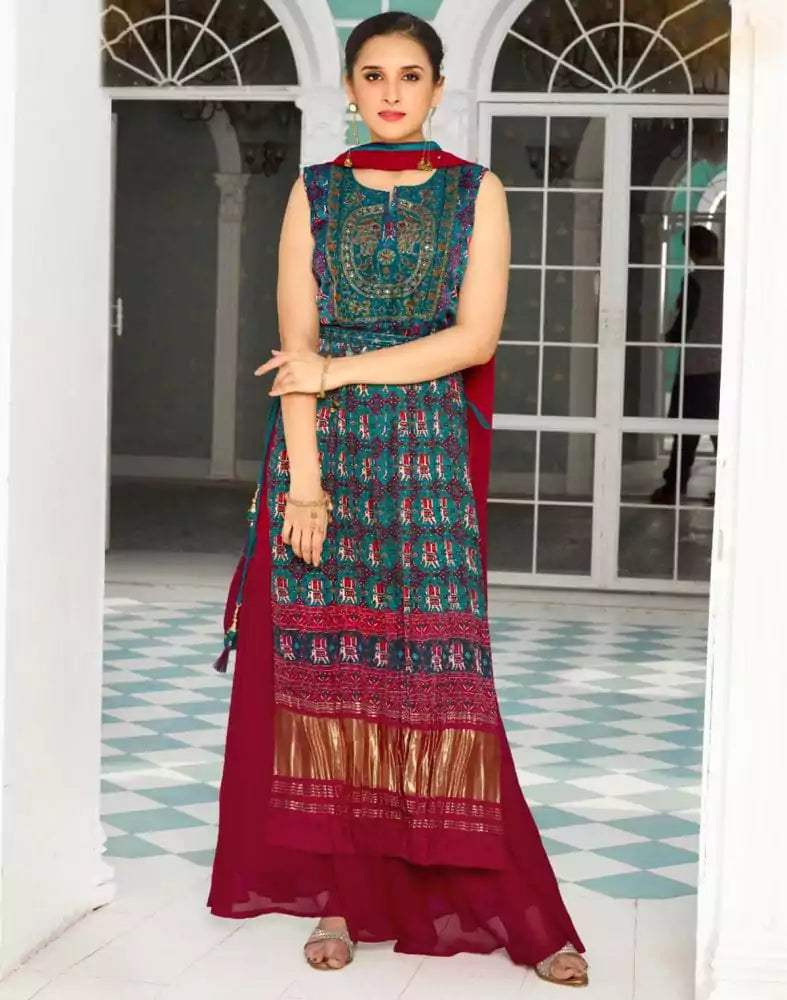 Image of Teal Blue Ikat Satin Nyra Cut Beads work Kurti Set