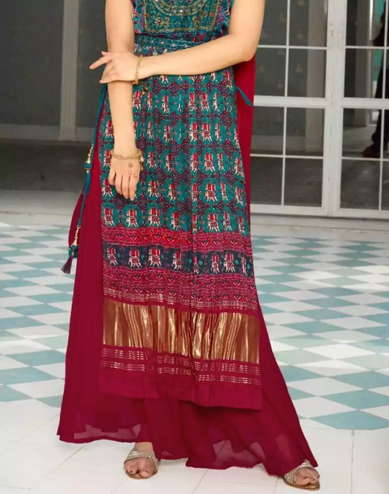 Image of Teal Blue Ikat Satin Nyra Cut Beads work Kurti Set