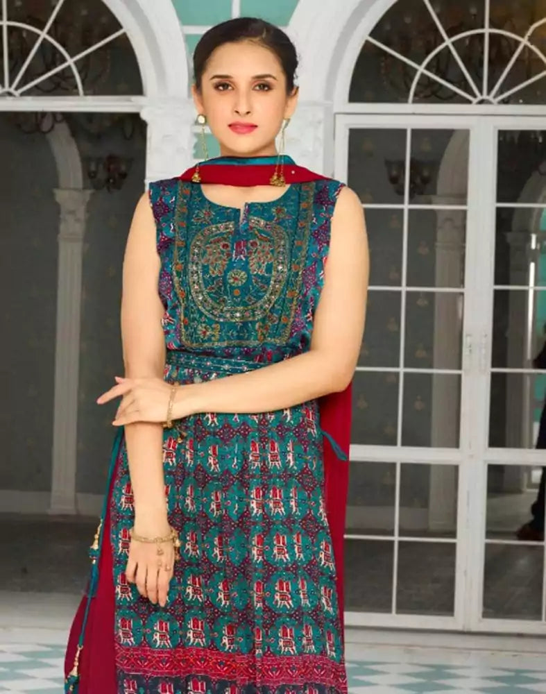 Image of Teal Blue Ikat Satin Nyra Cut Beads work Kurti Set