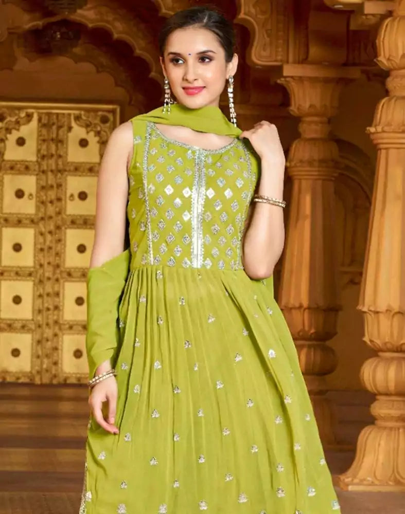 Image of Light Green Floral Embellished work with Nyra Cut Georgette Kurti Set