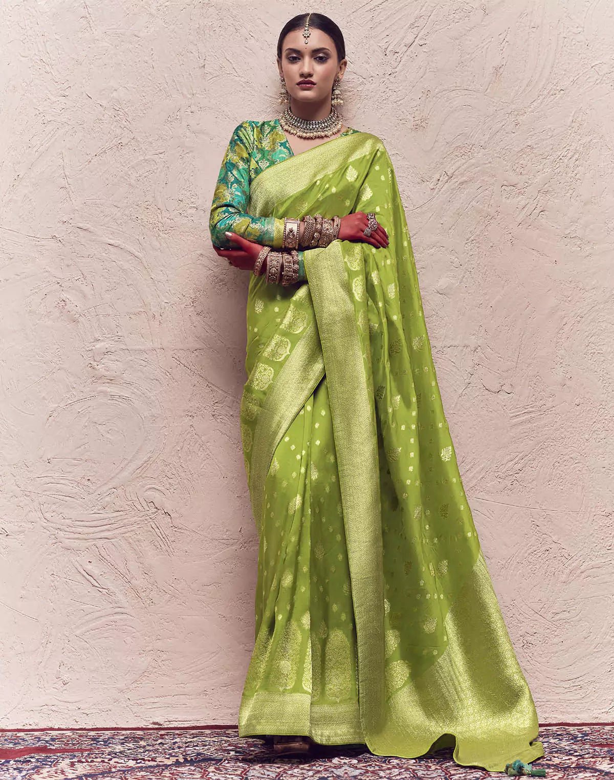Parrot Green Banarasi Pure Crepe Dola Silk Saree - South India Shopping Mall
