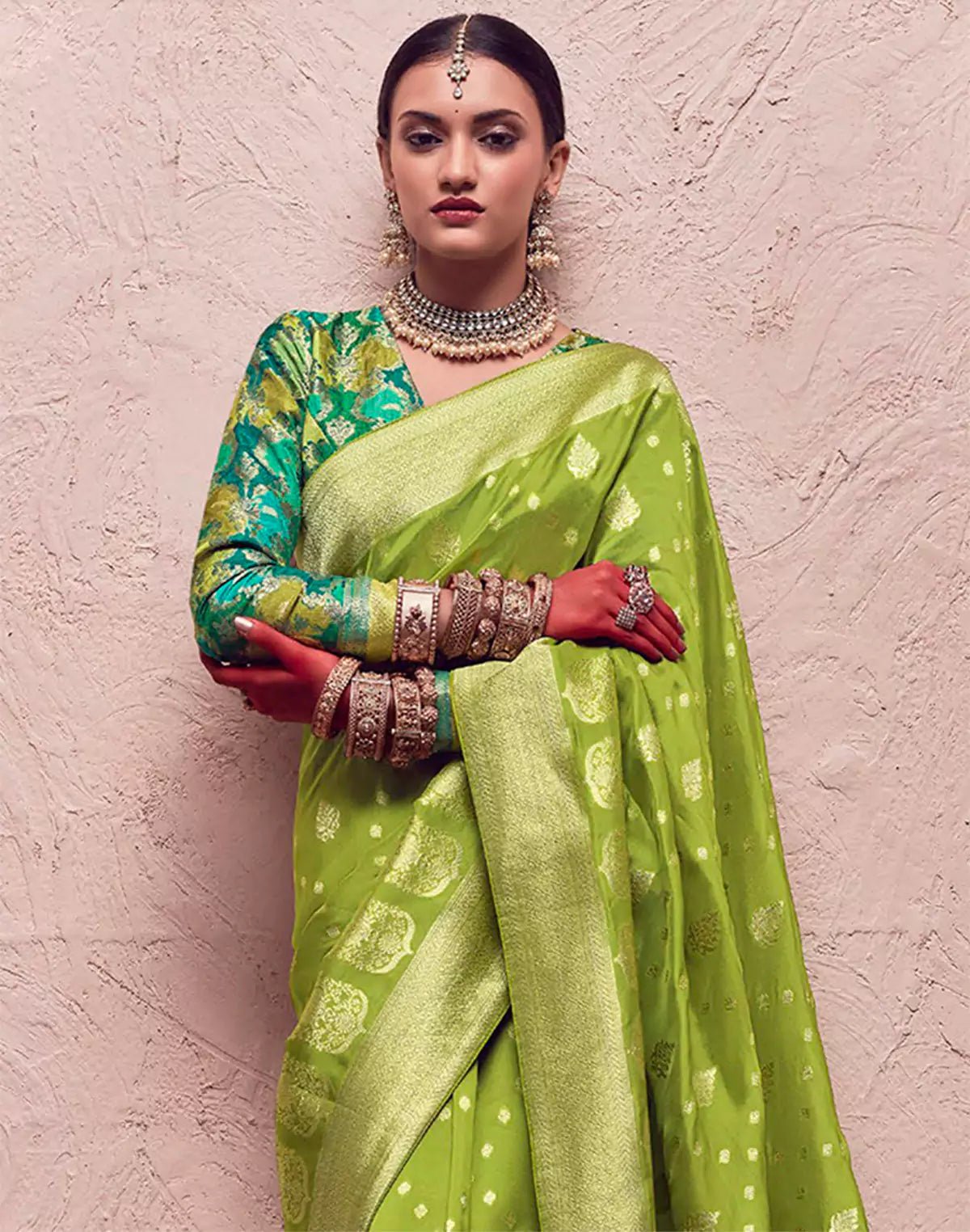 Parrot Green Banarasi Pure Crepe Dola Silk Saree - South India Shopping Mall