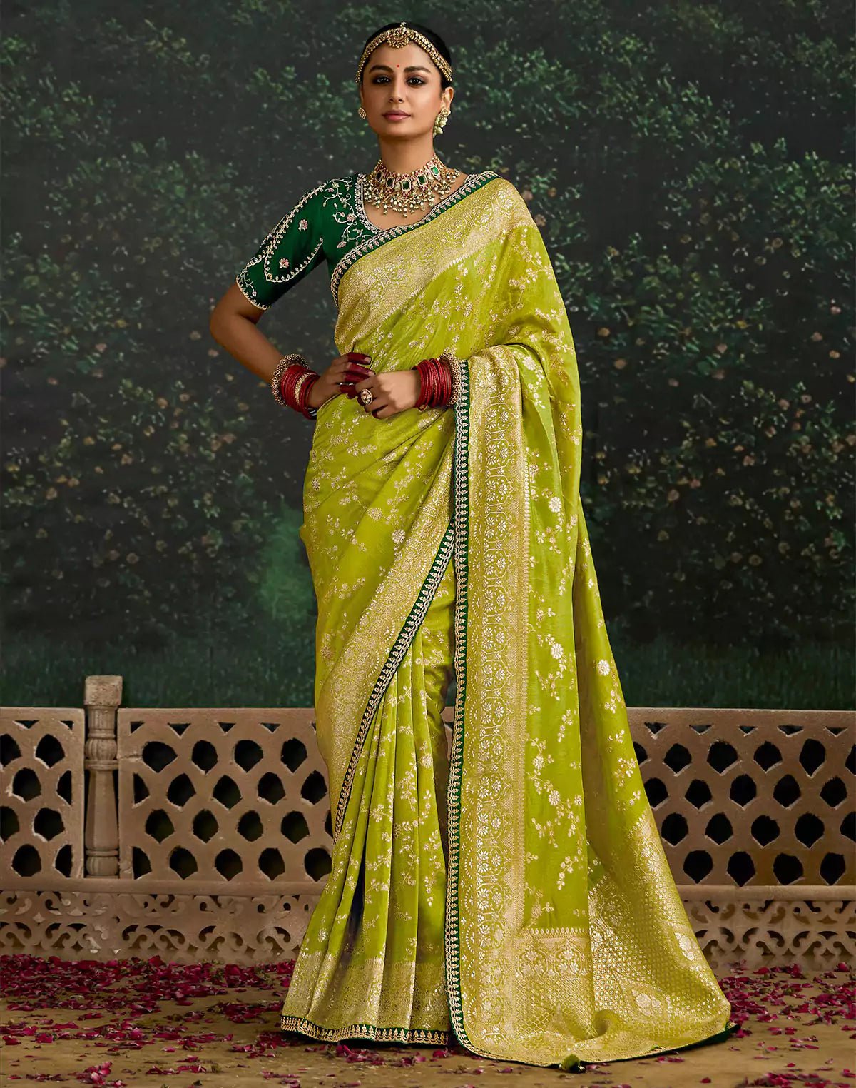 Image of Parrot Green Dola Silk Designer Saree With Embroidery Work Blouse - South India Shopping Mall