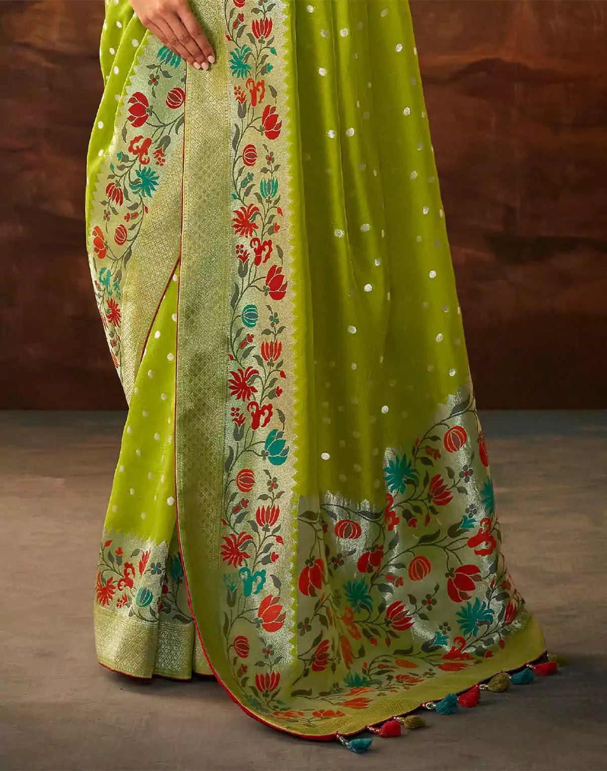 Image of Parrot Green Floral Paithani Banarasi Dola Silk Saree - South India Shopping Mall