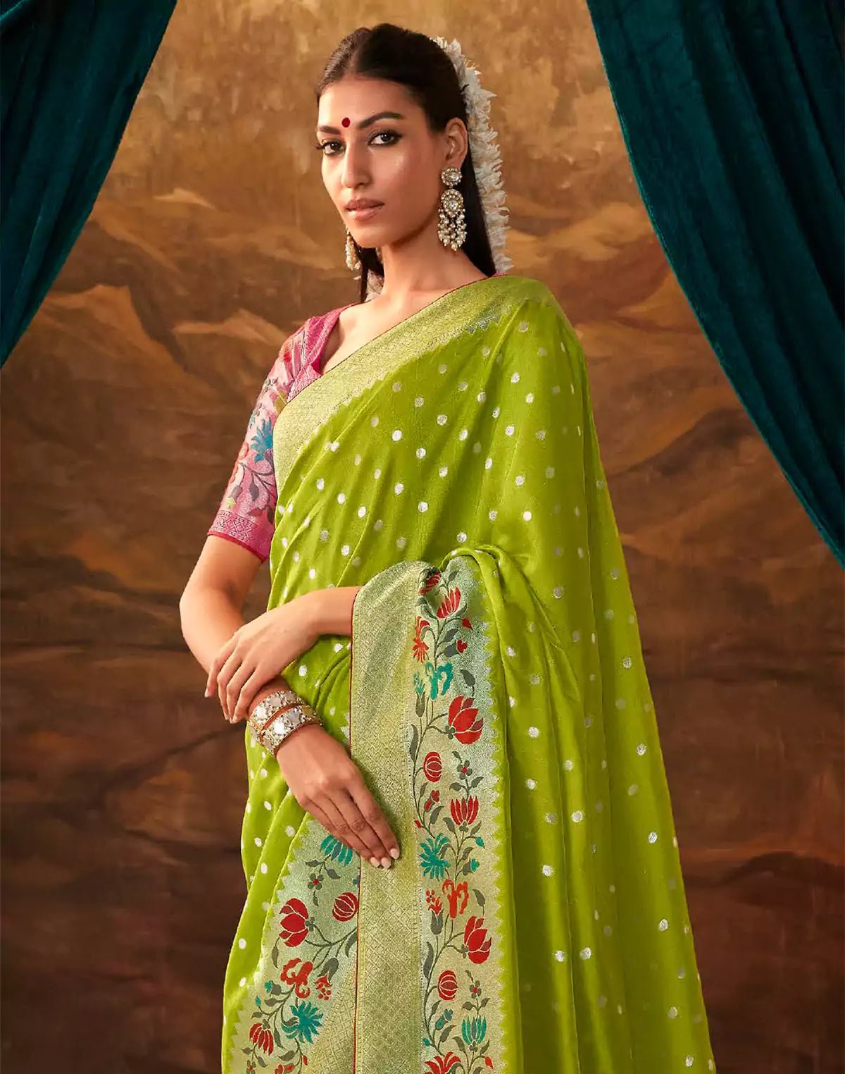 Image of Parrot Green Floral Paithani Banarasi Dola Silk Saree - South India Shopping Mall
