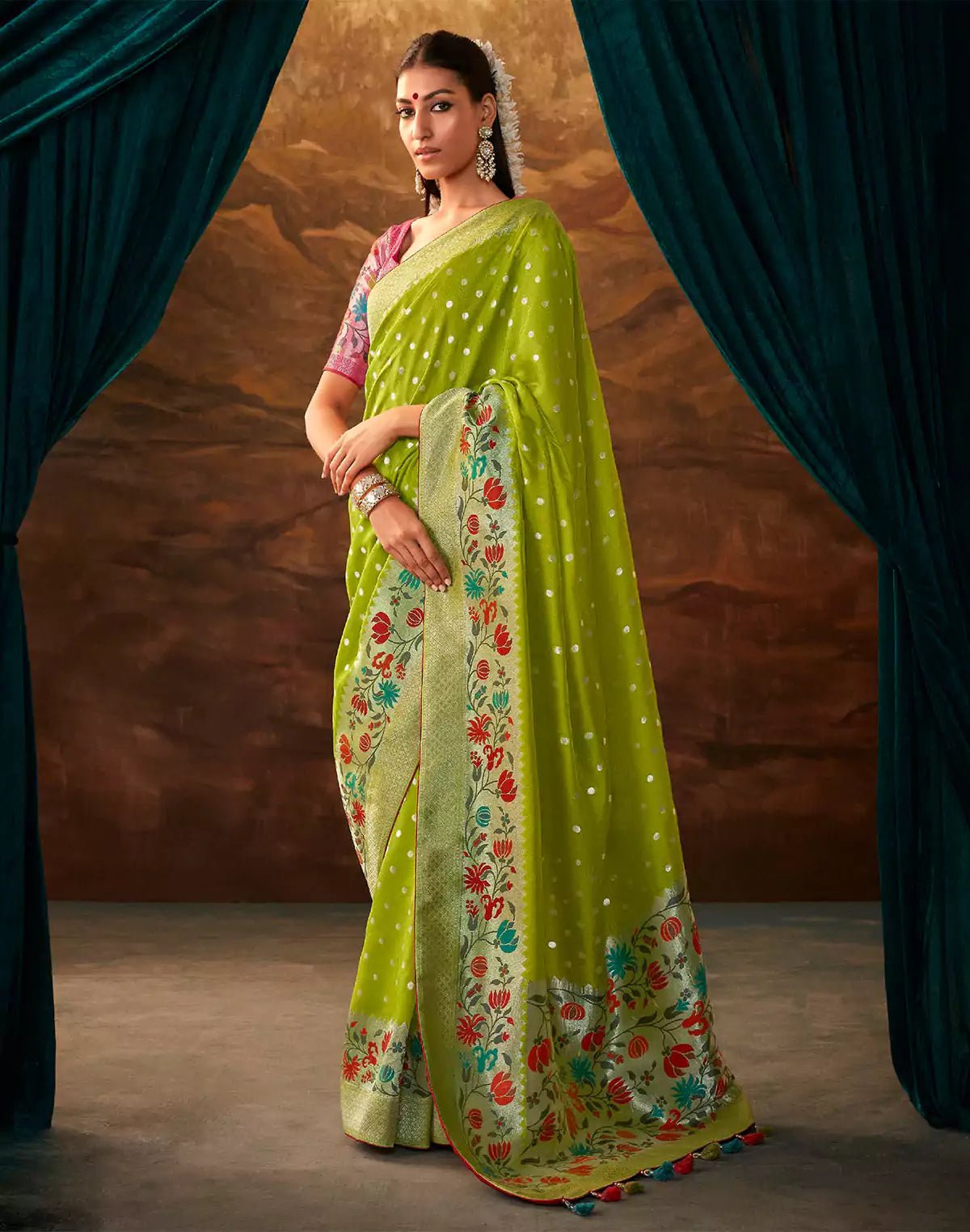 Image of Parrot Green Floral Paithani Banarasi Dola Silk Saree - South India Shopping Mall