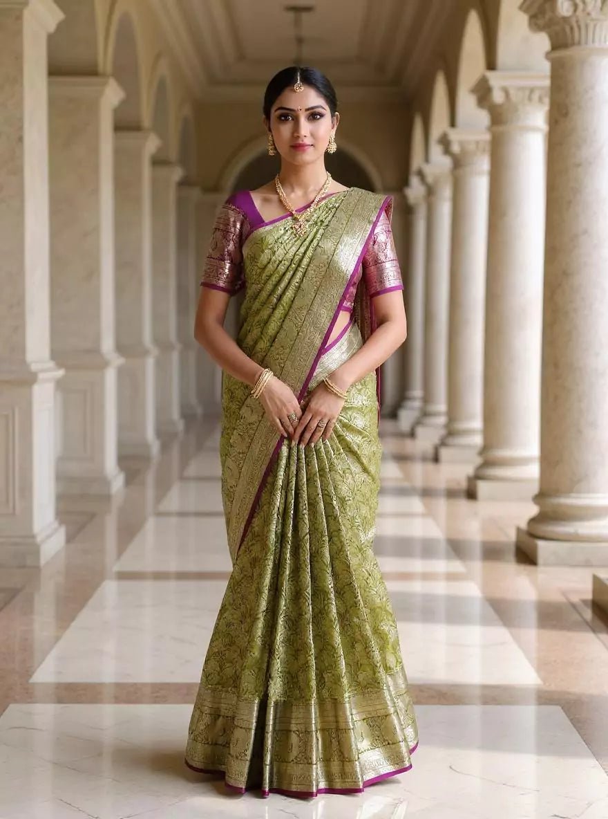 Image of Parrot Green Floral Silver Zari Kanchi Pattu Saree with Contrast Blouse - South India Shopping Mall