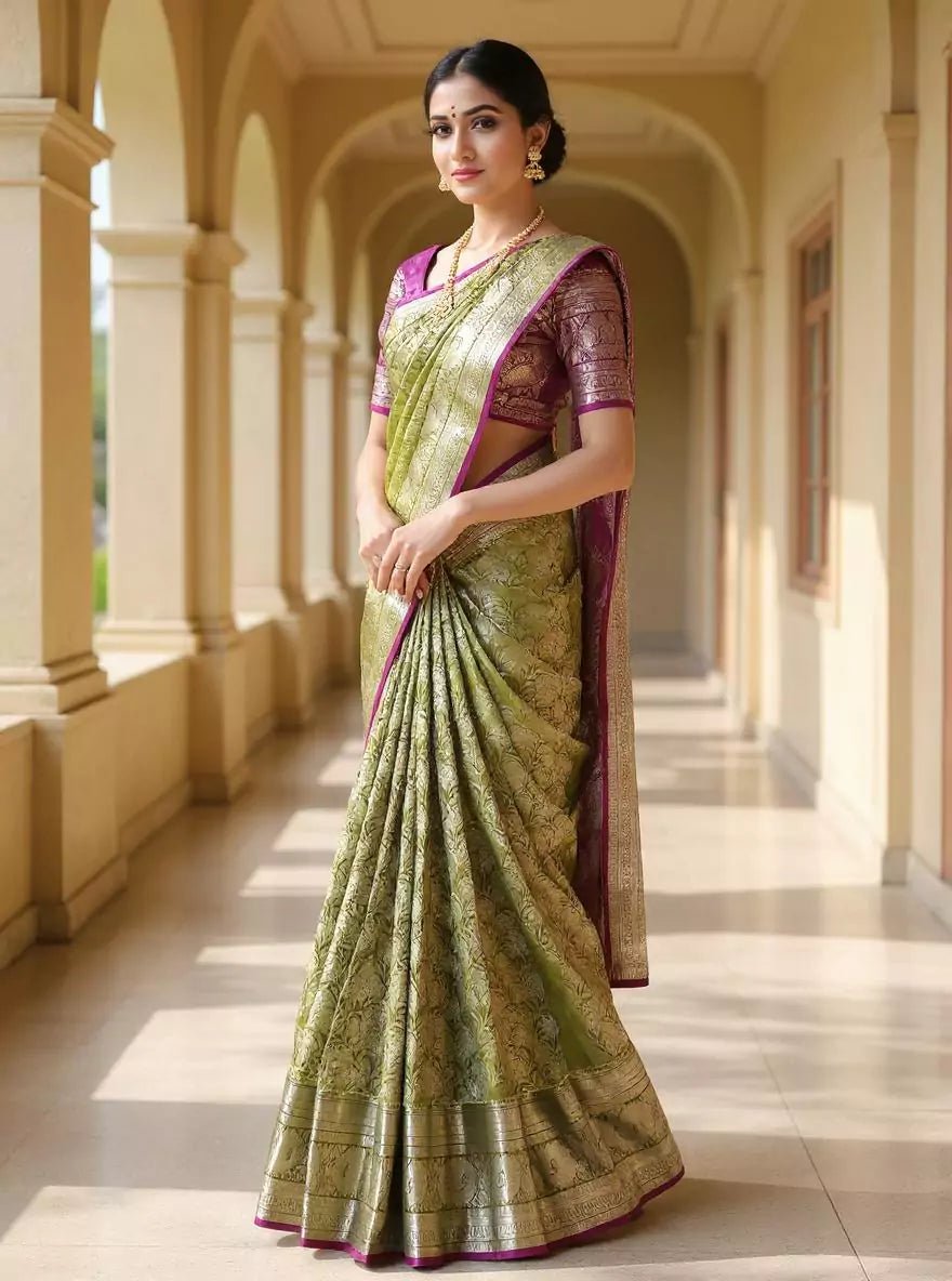 Image of Parrot Green Floral Silver Zari Kanchi Pattu Saree with Contrast Blouse - South India Shopping Mall