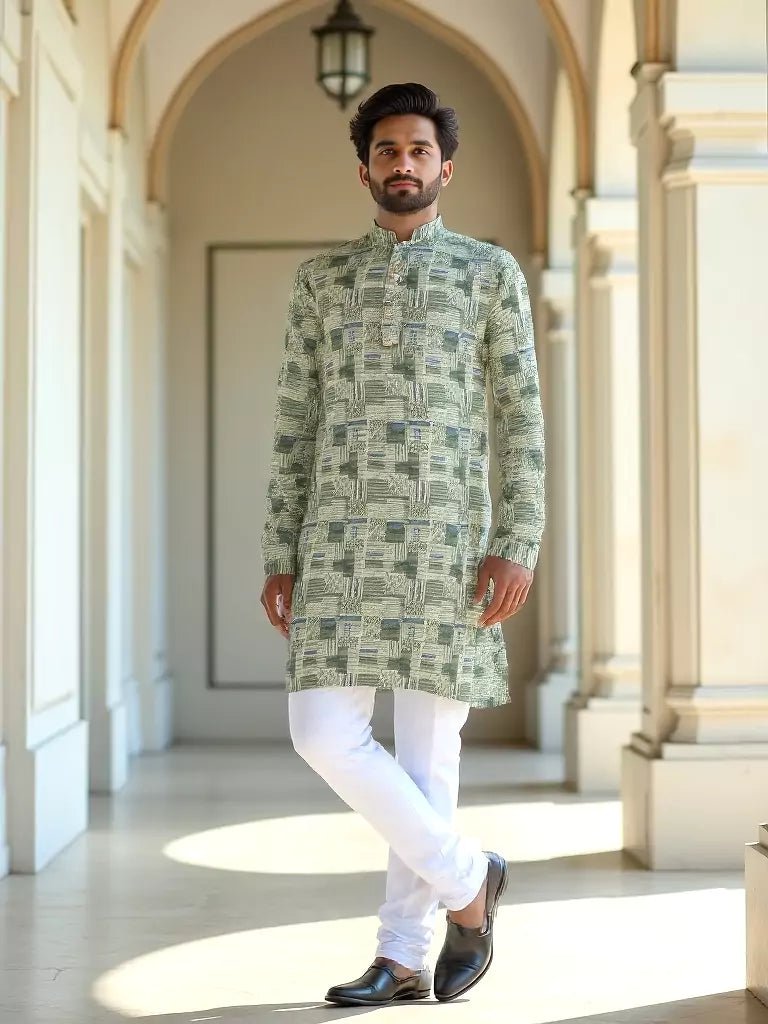 Image of Pastel Green Graphic Print Cotton Silk Kurta - South India Shopping Mall