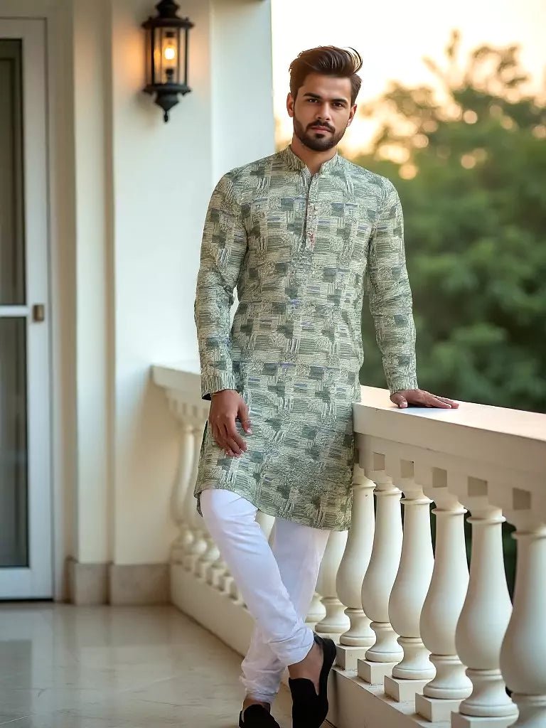 Image of Pastel Green Graphic Print Cotton Silk Kurta - South India Shopping Mall