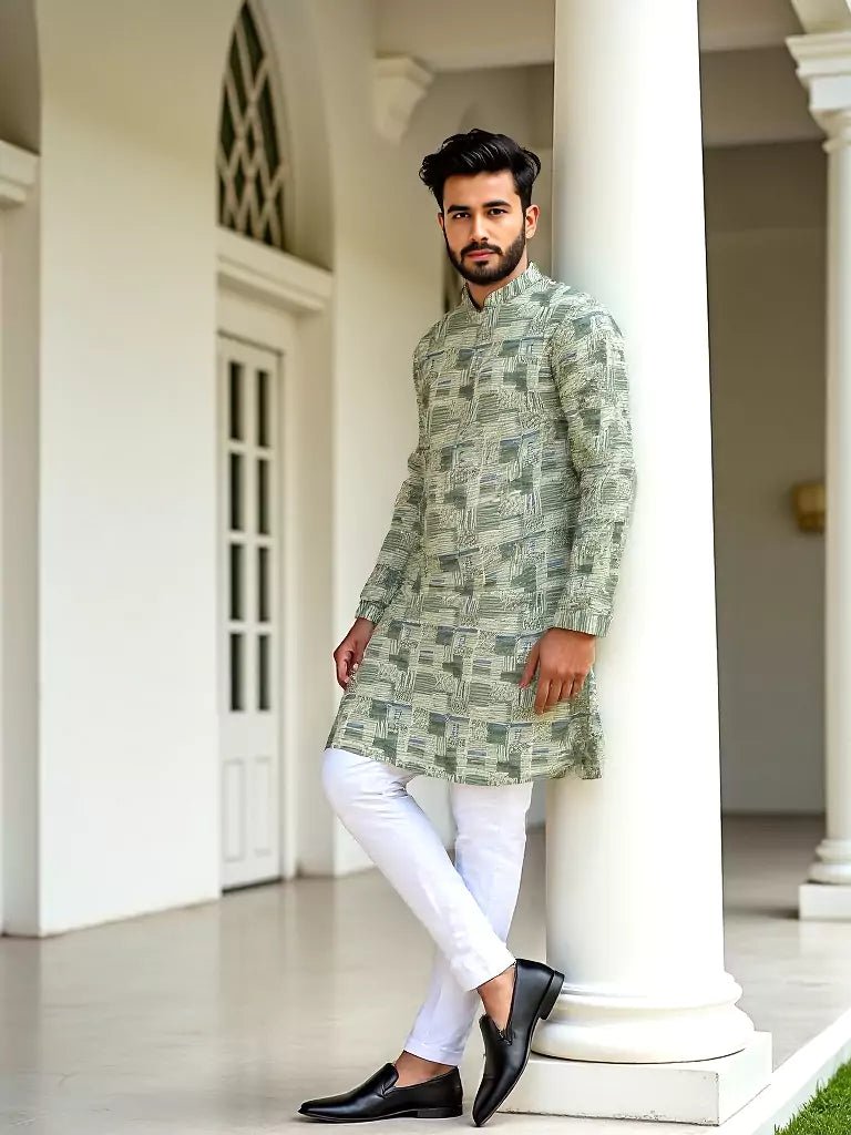 Image of Pastel Green Graphic Print Cotton Silk Kurta - South India Shopping Mall
