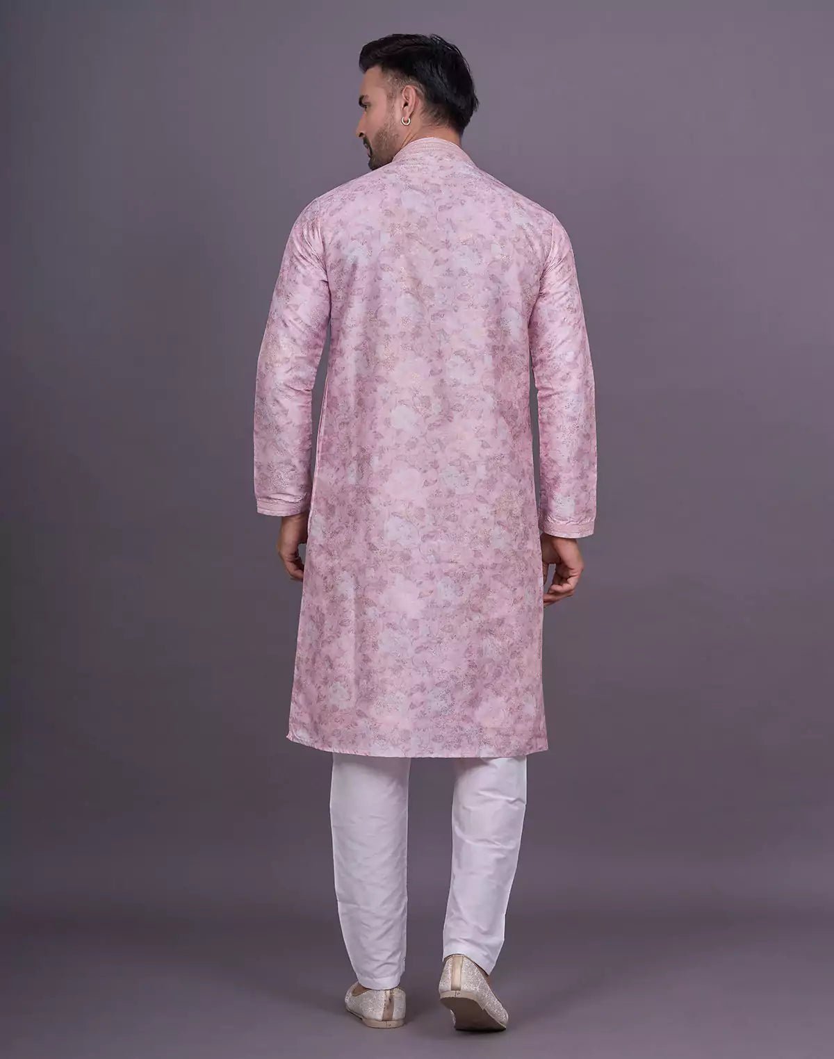 Image of Peach All Over Floral Print Raw Silk Elegant Kurta Pyjama Set - South India Shopping Mall
