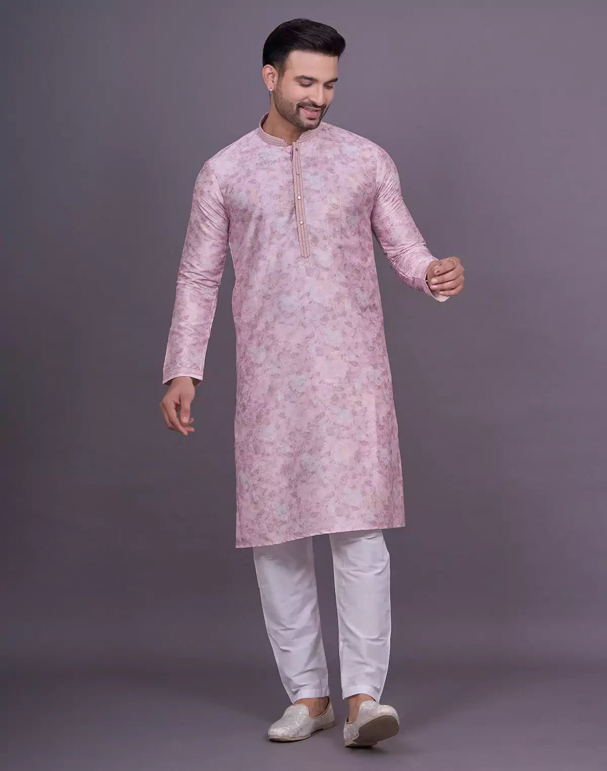 Image of Peach All Over Floral Print Raw Silk Elegant Kurta Pyjama Set - South India Shopping Mall