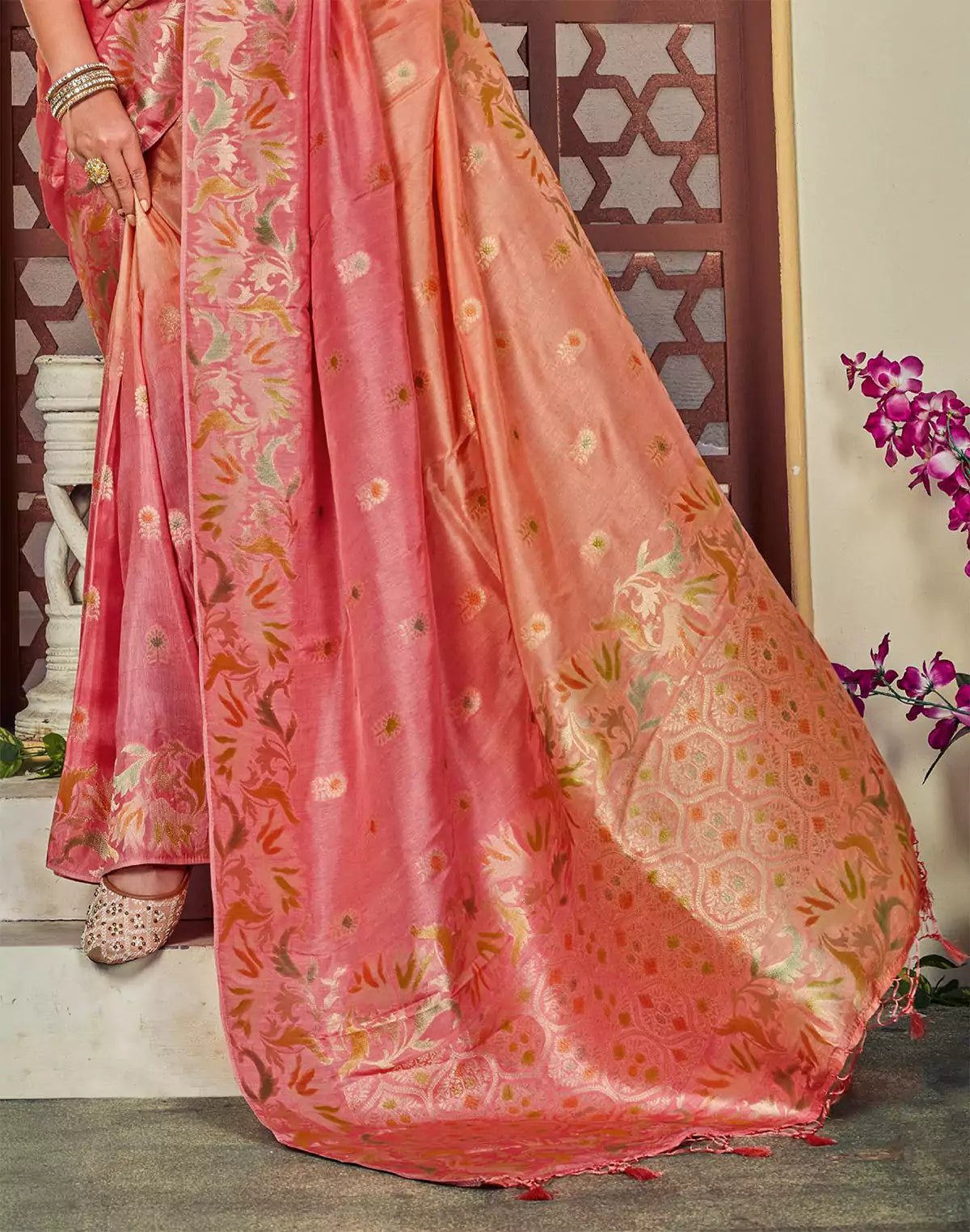 Image of Peach and Orange Floral Butta Banaras Fancy Saree - South India Shopping Mall