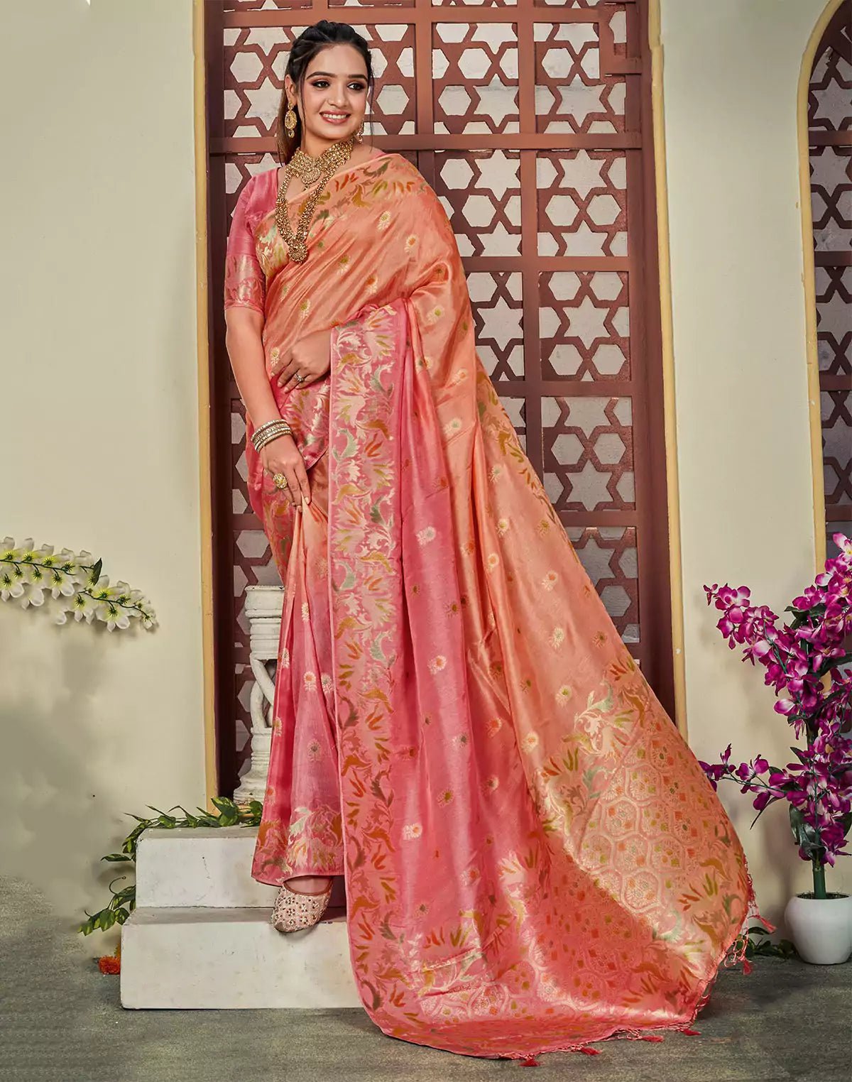 Image of Peach and Orange Floral Butta Banaras Fancy Saree - South India Shopping Mall