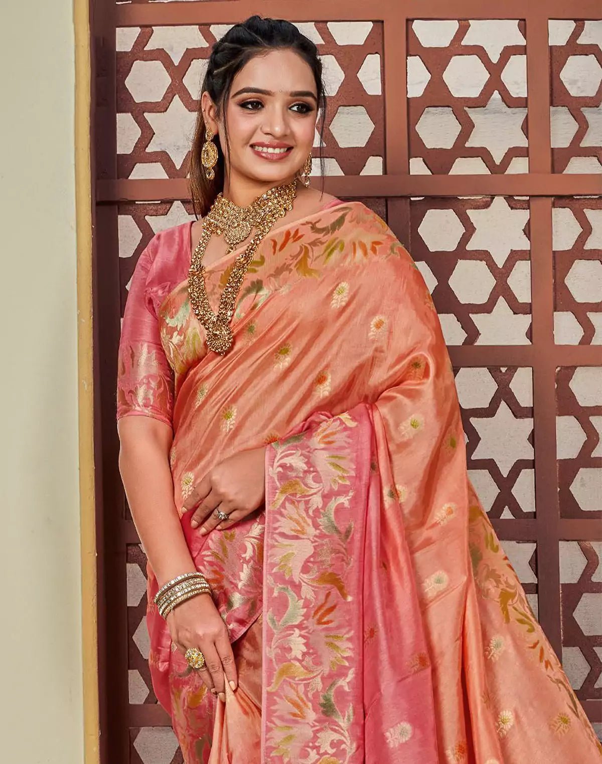 Image of Peach and Orange Floral Butta Banaras Fancy Saree - South India Shopping Mall