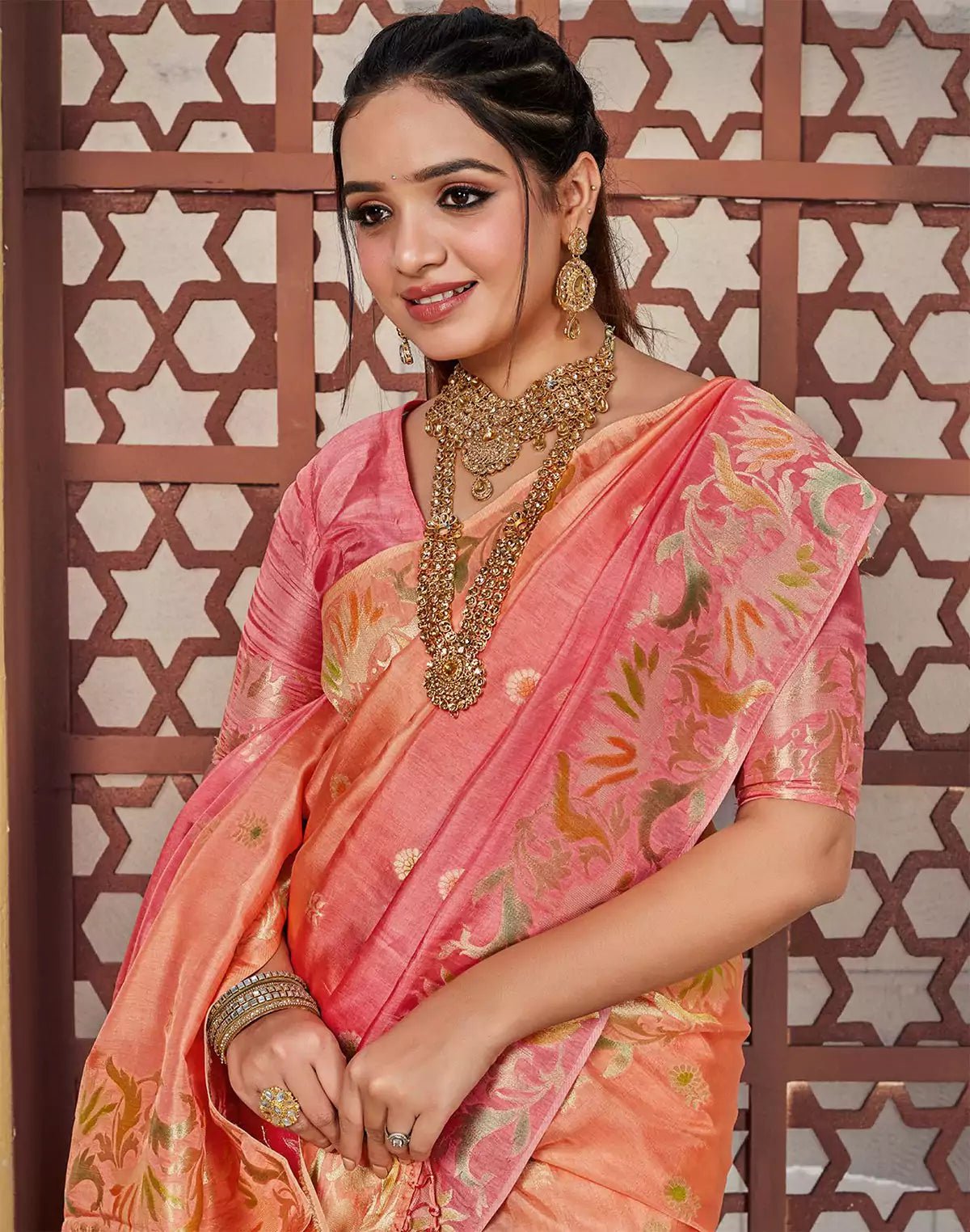 Image of Peach and Orange Floral Butta Banaras Fancy Saree - South India Shopping Mall
