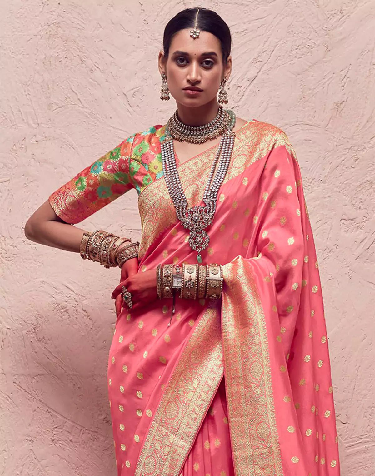 Image of Peach Banarasi Crepe Dola Silk Saree With Designer Blouse - South India Shopping Mall