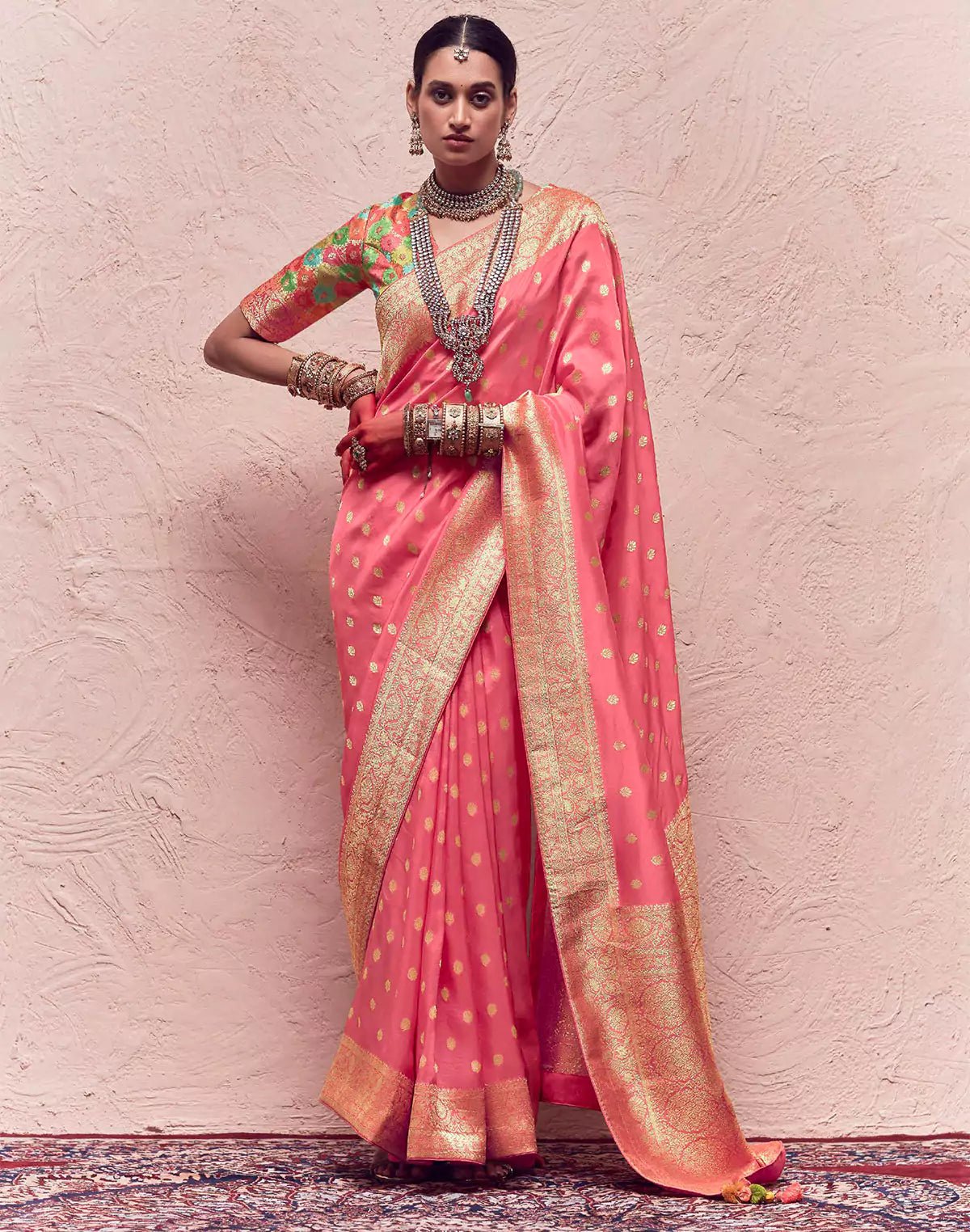 Image of Peach Banarasi Crepe Dola Silk Saree With Designer Blouse - South India Shopping Mall