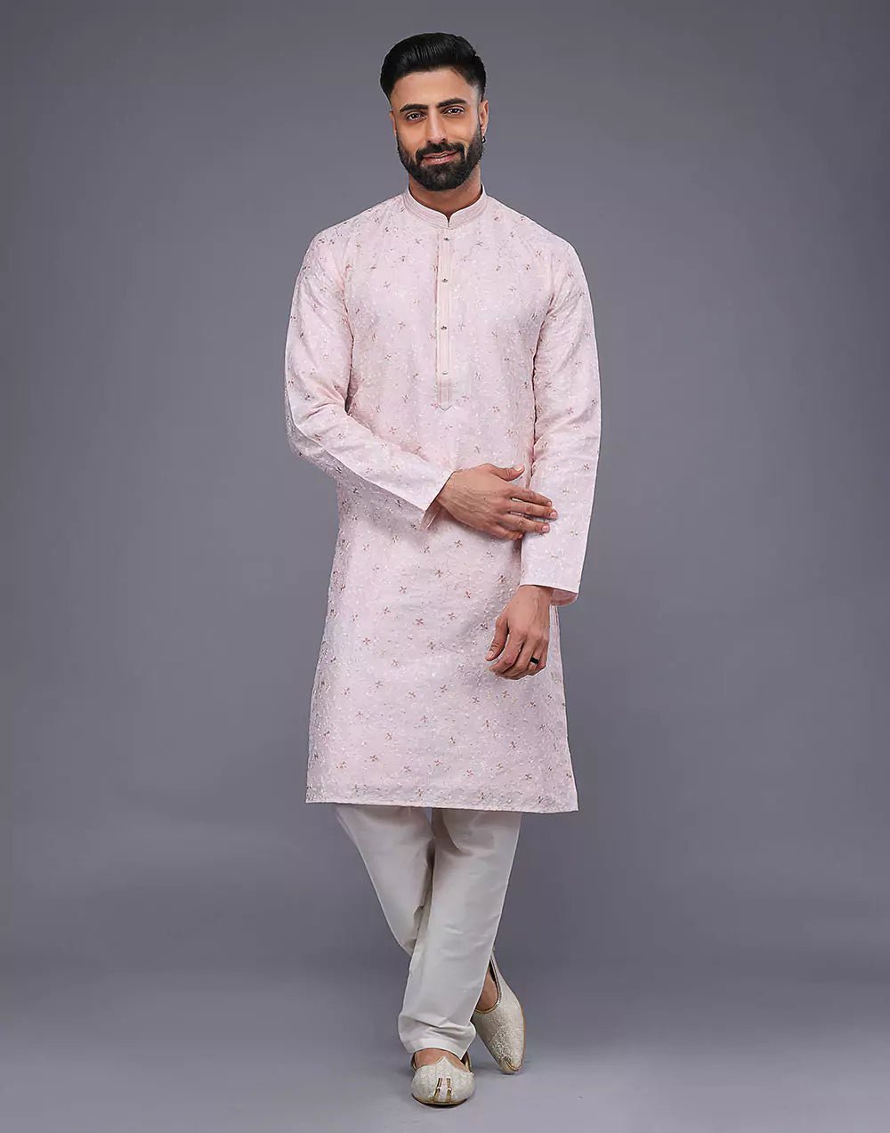 Image of Peach Color Floral Design Thread Embroidery Work Kurta Set - South India Shopping Mall