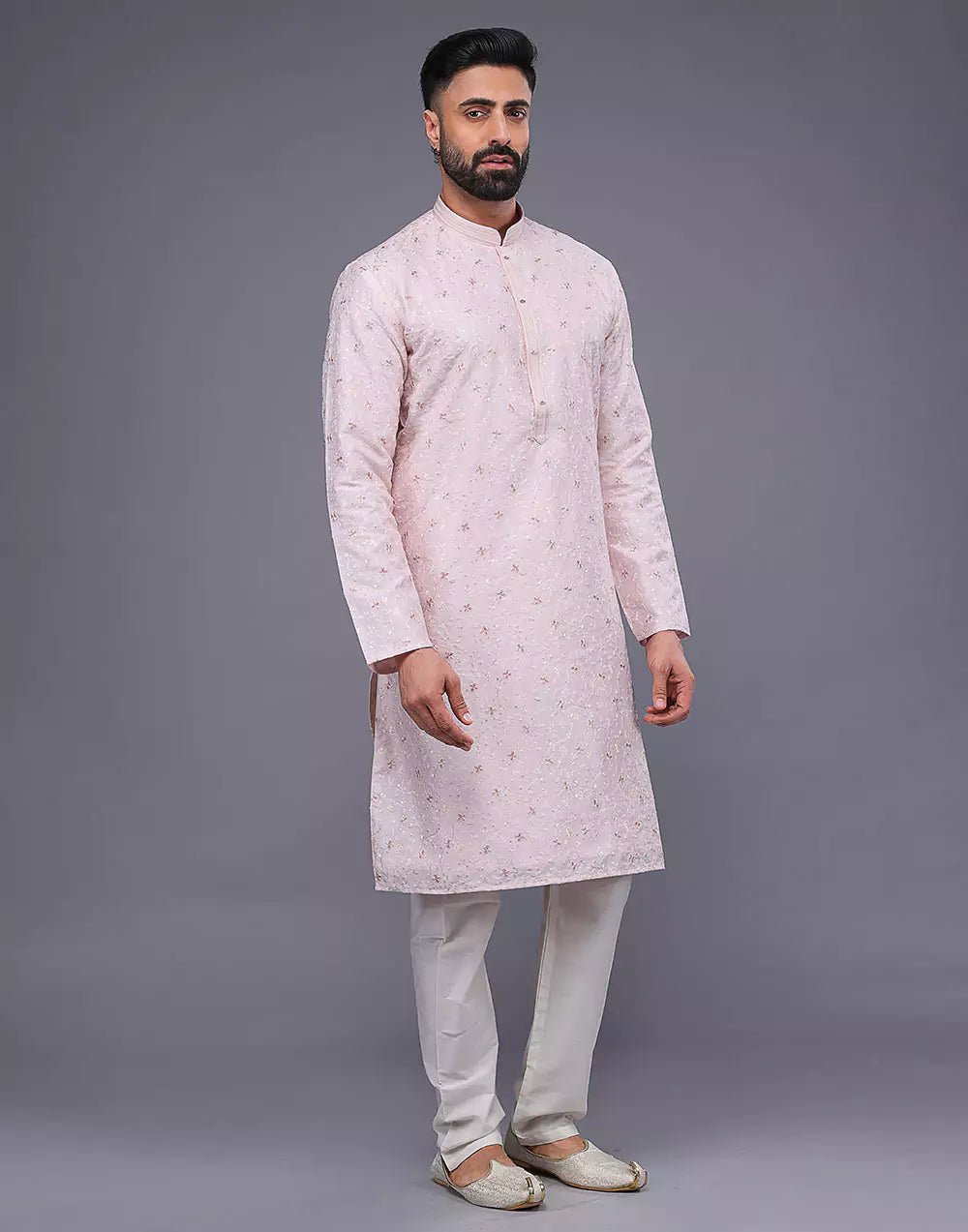 Image of Peach Color Floral Design Thread Embroidery Work Kurta Set - South India Shopping Mall
