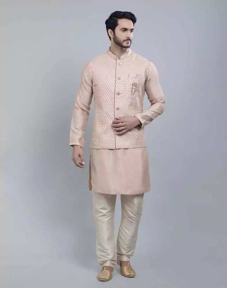 Image of Peach Coloured Impressive Self Highlighted Design Kurta Jacket Set - South India Shopping Mall