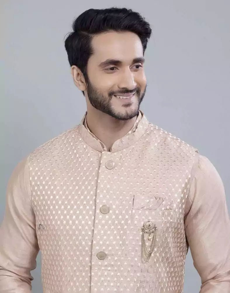Image of Peach Coloured Impressive Self Highlighted Design Kurta Jacket Set - South India Shopping Mall