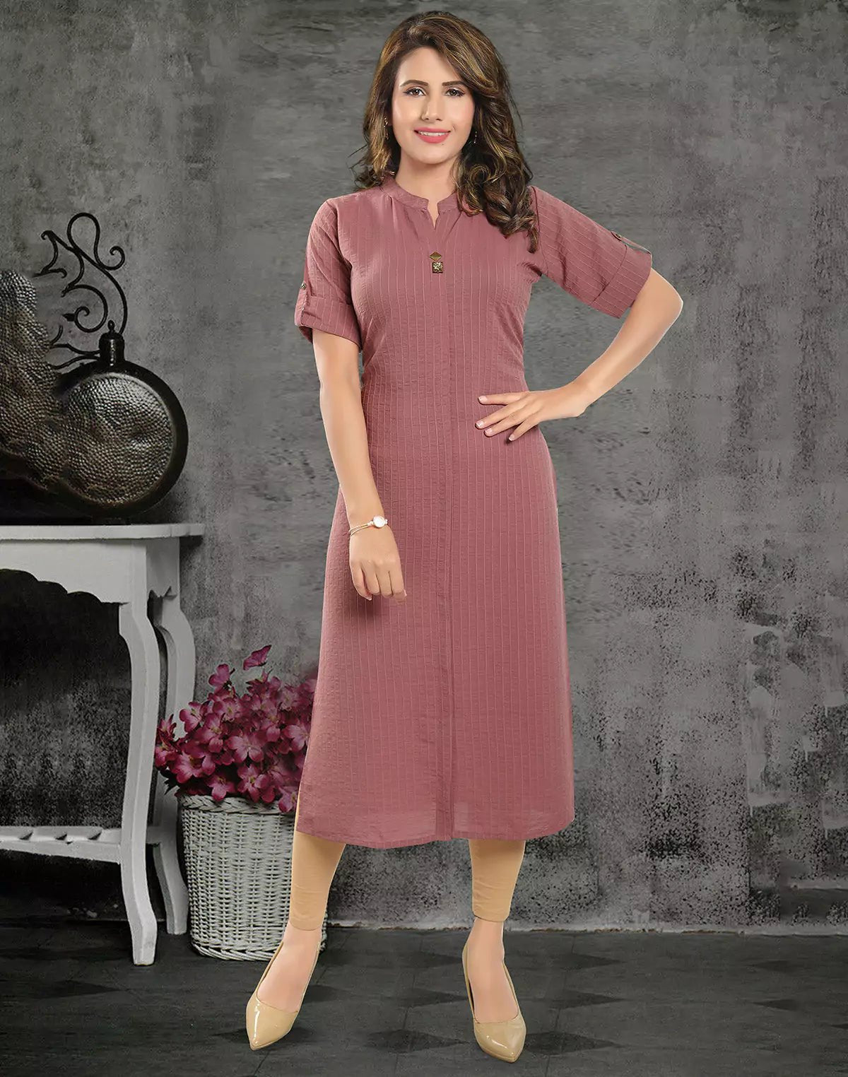 Peach Cotton Silk Casual Wear Kurti - South India Shopping Mall