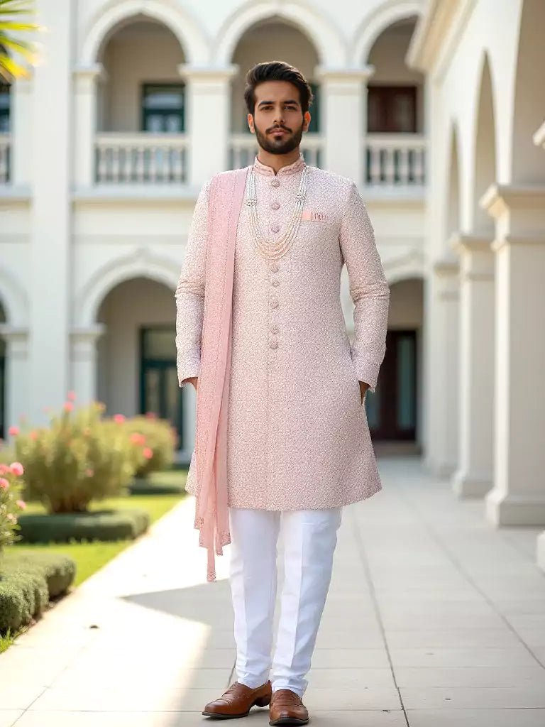 Image of Peach Embroidery work Floral Style Milky Silk Indo Set with Dupatta - South India Shopping Mall