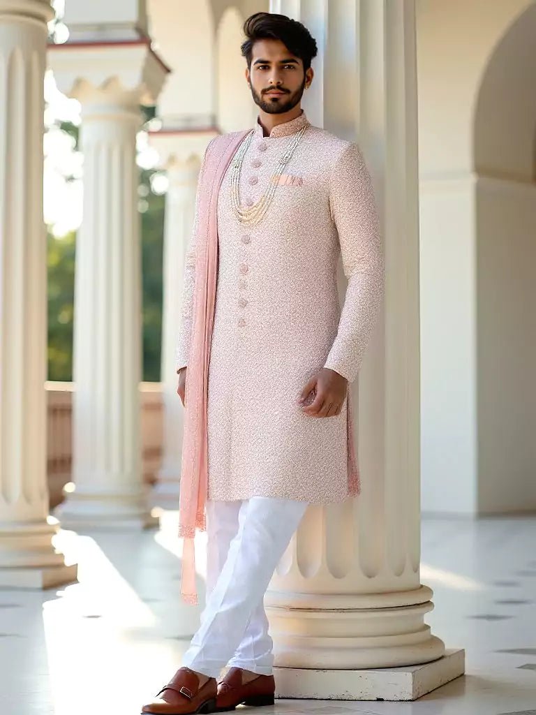 Image of Peach Embroidery work Floral Style Milky Silk Indo Set with Dupatta - South India Shopping Mall