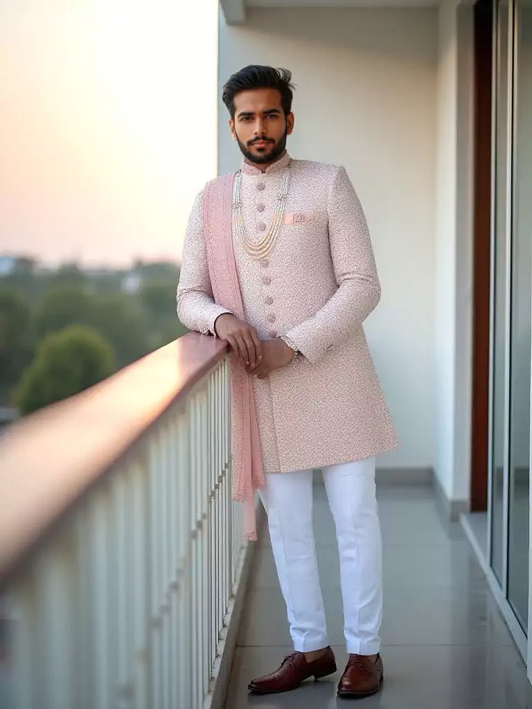 Image of Peach Embroidery work Floral Style Milky Silk Indo Set with Dupatta - South India Shopping Mall