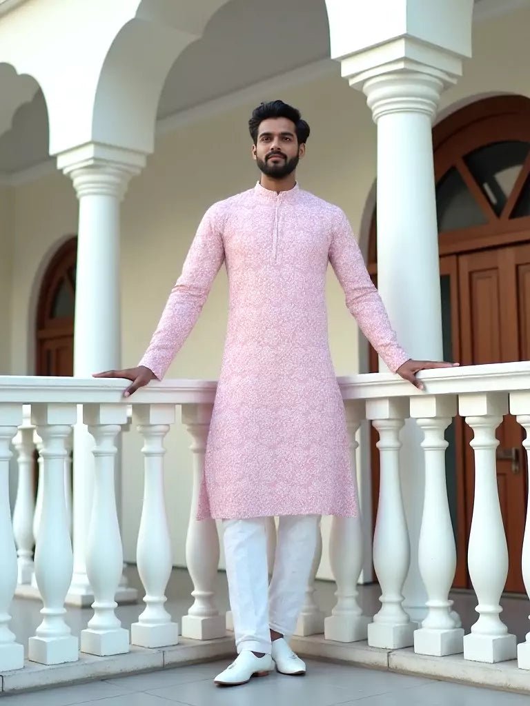 Image of Peach Ethnic and Embroidered work Georgette Kurta Pyjama Set - South India Shopping Mall