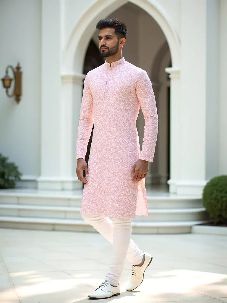 Image of Peach Ethnic and Embroidered work Georgette Kurta Pyjama Set - South India Shopping Mall