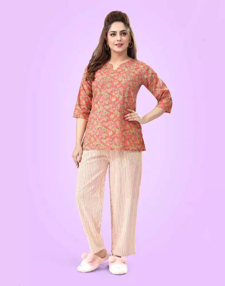Image of Peach Floral Cotton Printed Night Suit - South India Shopping Mall