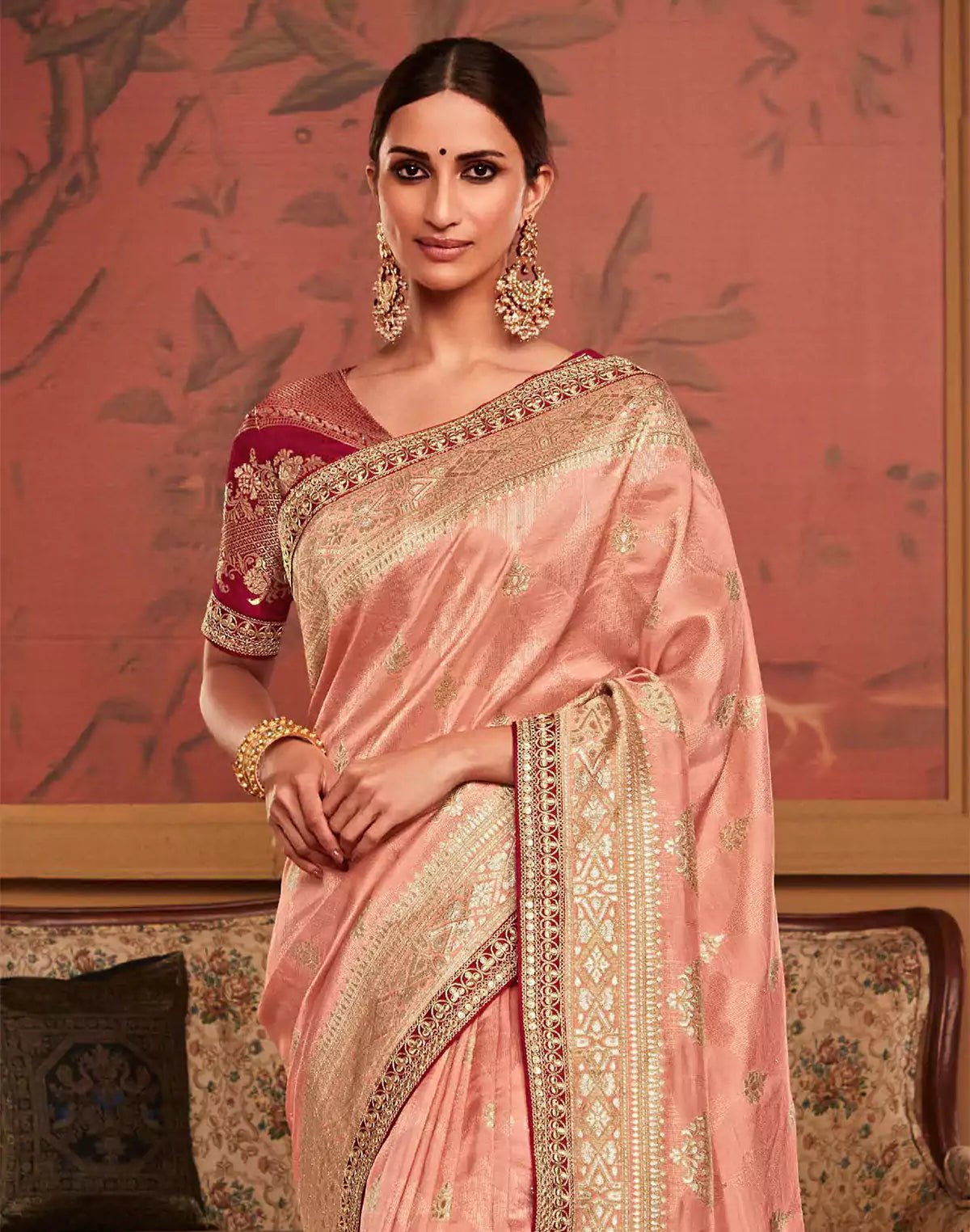 Image of Peach Floral Design Dola Silk Saree With Work Blouse - South India Shopping Mall
