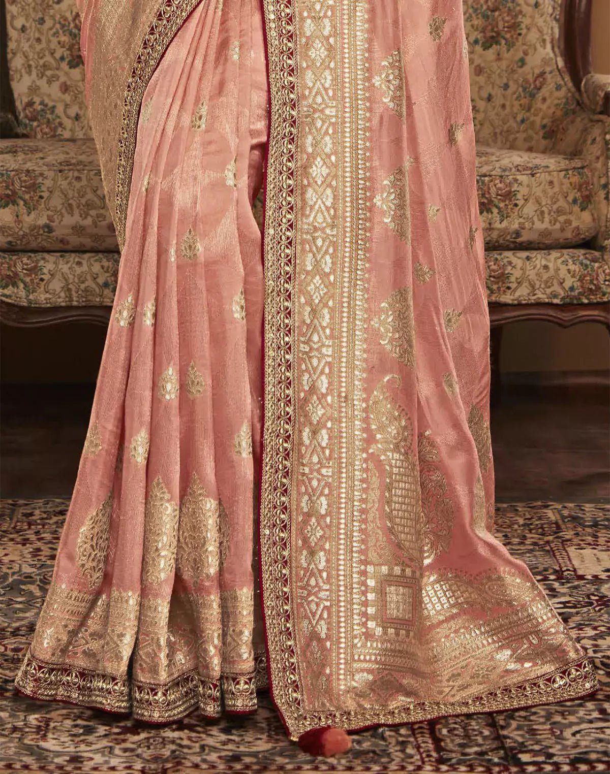 Image of Peach Floral Design Dola Silk Saree With Work Blouse - South India Shopping Mall