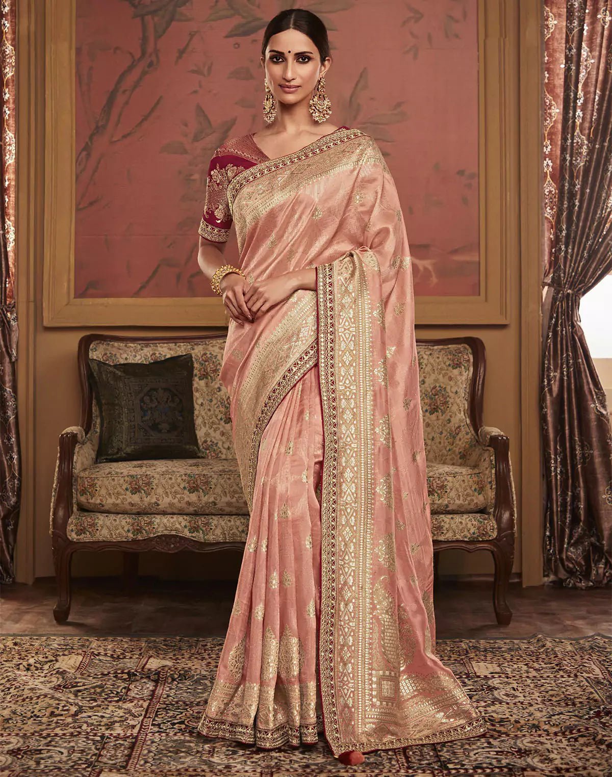 Image of Peach Floral Design Dola Silk Saree With Work Blouse - South India Shopping Mall