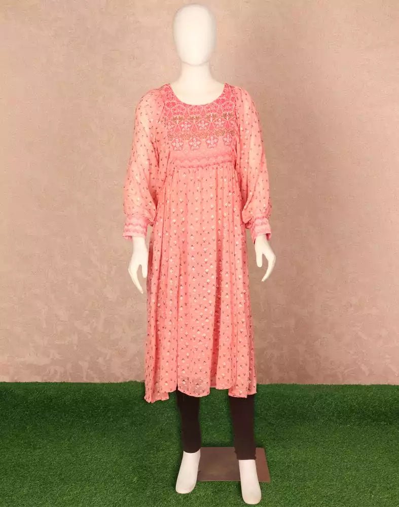 Image of Peach Floral Print Georgette Kurti - South India Shopping Mall