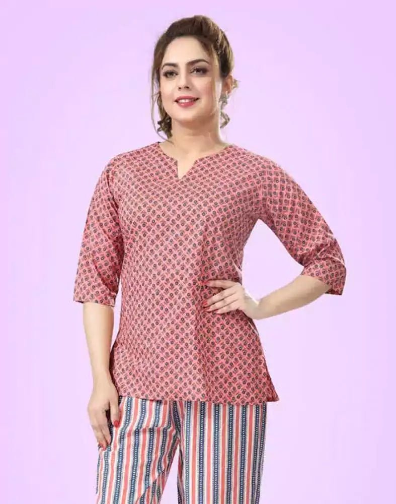 Image of Peach Floral Printed Cotton Night Suit - South India Shopping Mall